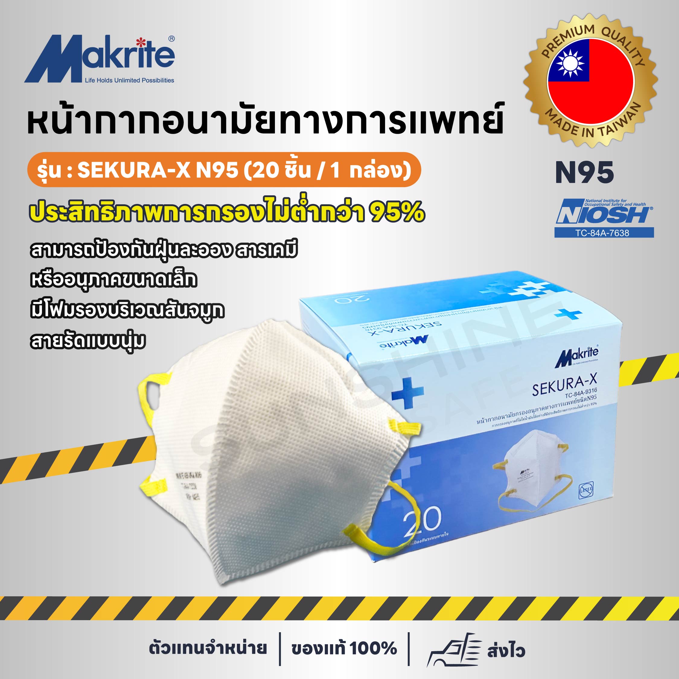 Makrite รุ่น Sekura-X N95  หน้ากากอนามัยทางการแพทย์ (20 ชิ้น / 1 กล่อง)